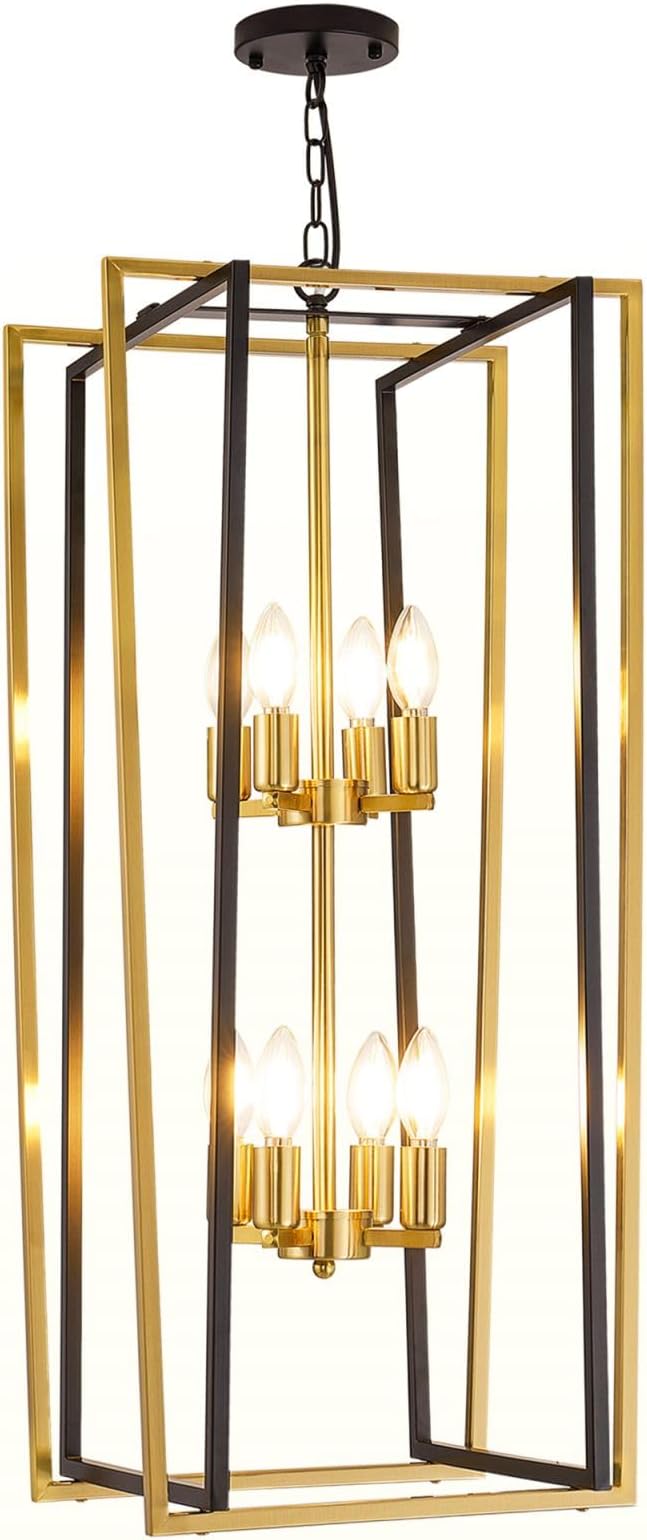 Black and Gold Chandelier, 8-Light Tiered Lantern Pendant Light Fixtures, Industrial Foyer Lighting Fixtures, Large Long Chandeliers for High Ceilings, Farmhouse Chandelier for Staircase, Entryway