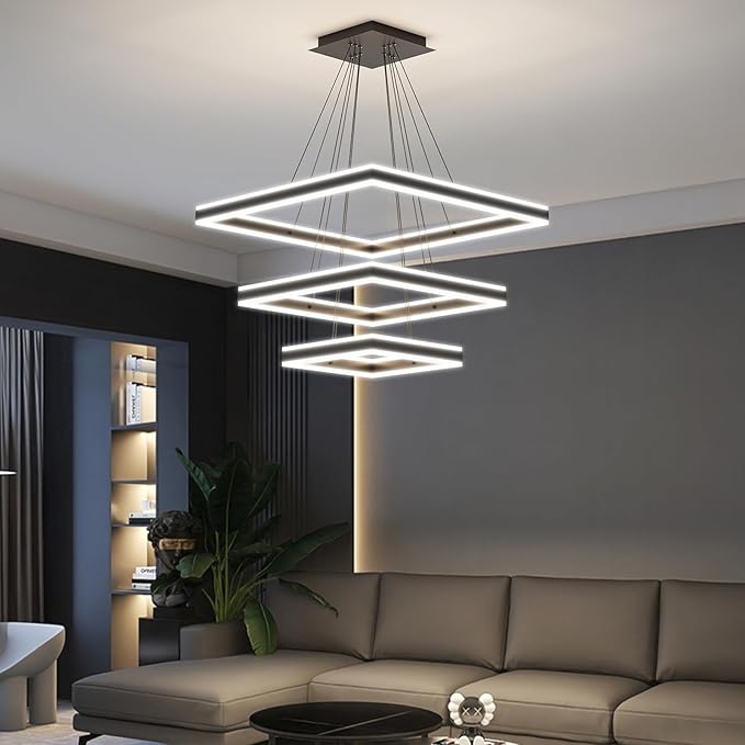 Modern Pendant Light Fixture, 3 Layer Square Black LED Chandelier for Dining Room Table, Dimmable 3000K-6500K, Adjustable Height Kitchen Island Ceiling Hanging Lighting for Living Room Bedroom