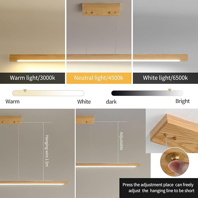 Wooden Linear Pendant Light, 47" Modern Chandeliers for Dining Room, Dimmable Pool Table Island Lights for Kitchen, LED Ceiling Pendant Lamp for Dining Room Billiard Room, Natural Ash