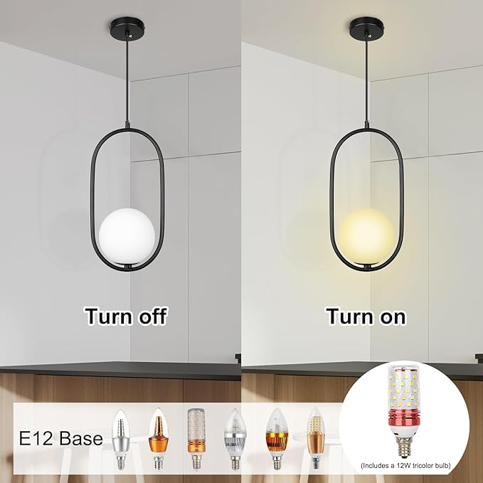 lobolighting Modern Pendant Lighting, 2 Pack Black Pendant Light Fixtures Adjustable Height Mid Century Chandelier, Frosted Glass Globe Single Hanging Light for Kitchen Island Dining Room Bedroom