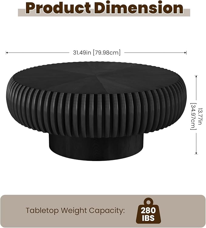 31.5" Drum Coffee Table Modern Unique Fluted Tea Table Contemporary Wood Round Coffee Table with Fluted Centry Table for Living Room Walnut (31.5" Black)