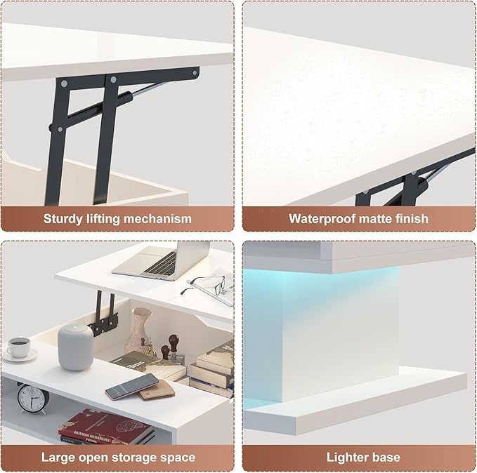 Square Lift Top Coffee Table with Storage, White Led Coffee Table for Living Room with Large Hidden Storage, 30.7" Wood Table Led Center Table for Dining Reception Room