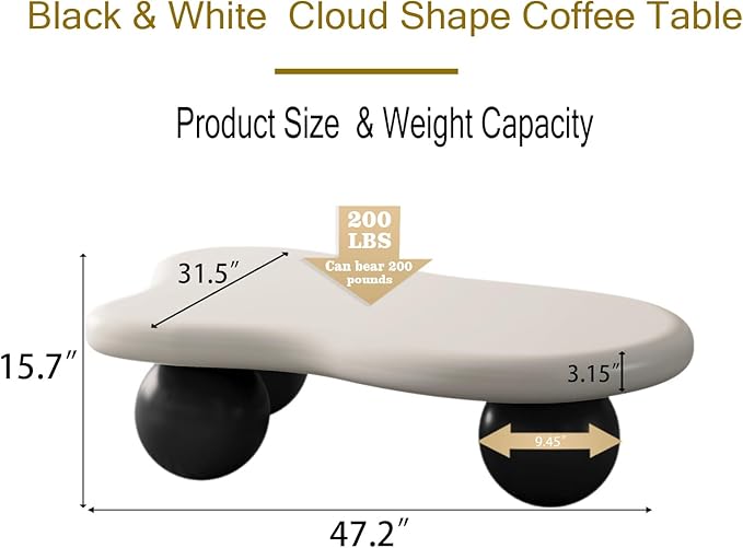 47.2” Cloud Coffee Table with 3 Ball Legs, Modern Lrregular Center Table for Living Room, Low Cute Small MDF Tea Table for Bedroom, Space Apartment-White Black