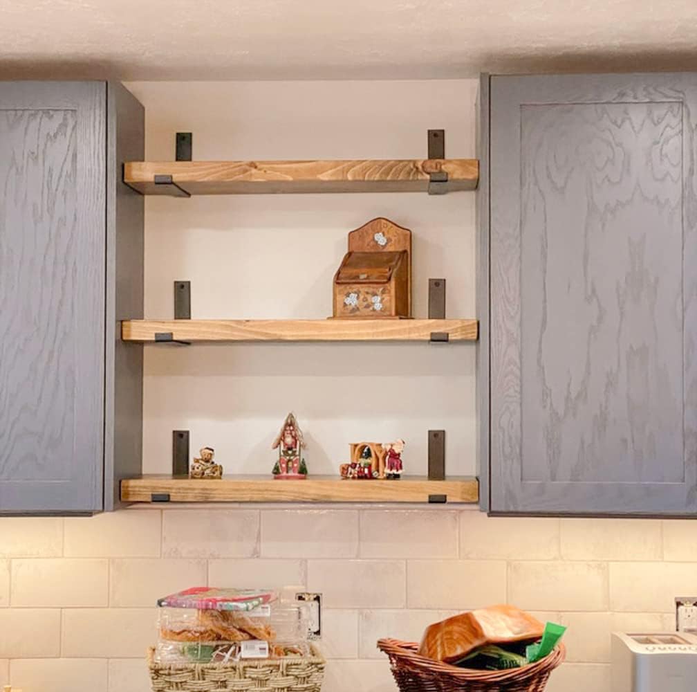 Rustic Shelves with J-Brackets Set of 2, Industrial Shelf, Kitchen Shelves, Solid Wood, Decorative Wall Storage, Heavy Duty, URBANDI (Brown, 36Wx6D)