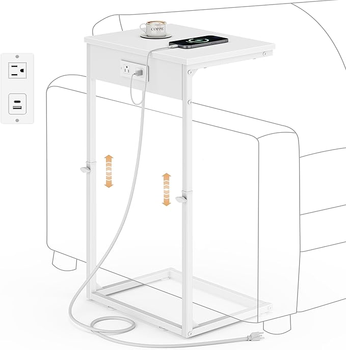 Vagusicc C Shaped End Table with Charging Station, Adjustable Height Side Table for Couch, Small End Table Small Spaces, 33.2'' Tall Couch Tables that Slide Under, Tv Tray Table for Living Room, White