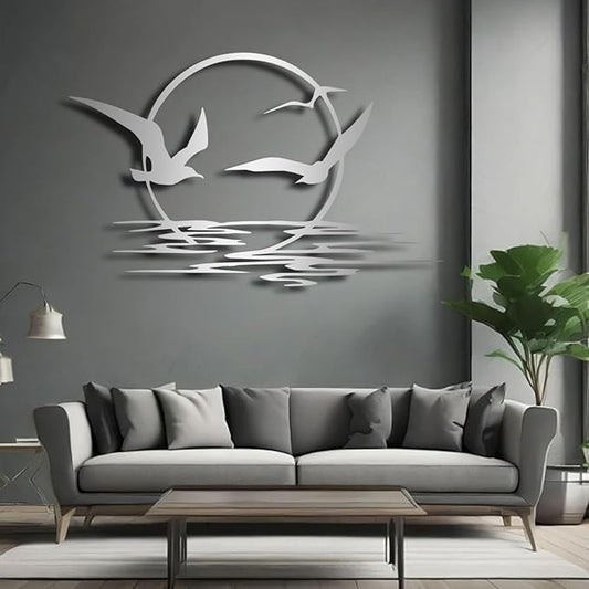 Sunrise and Birds Metal Wall Art,Seagulls Metal Wall Decor,Home Decor, Housewarming Gift (59"x36"/150x93cm, Silver)