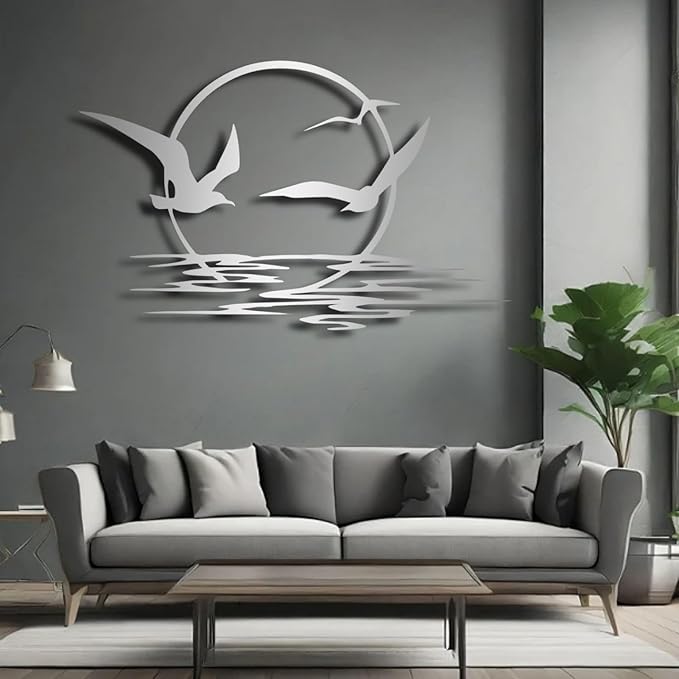 Sunrise and Birds Metal Wall Art,Seagulls Metal Wall Decor,Home Decor, Housewarming Gift (30"x18"/76x47cm, White)