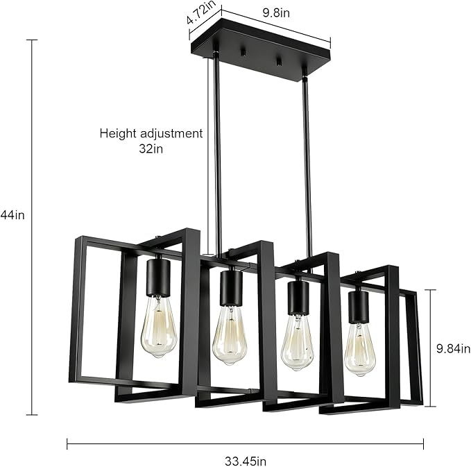 4-Light Island Lights for Kitchen, Rectangular Black Metal Kitchen Island Chandelier 31.5" Adjustable Rustic Modern Dining Room Light Fixtures Over Table, Chandeliers for Dining Room
