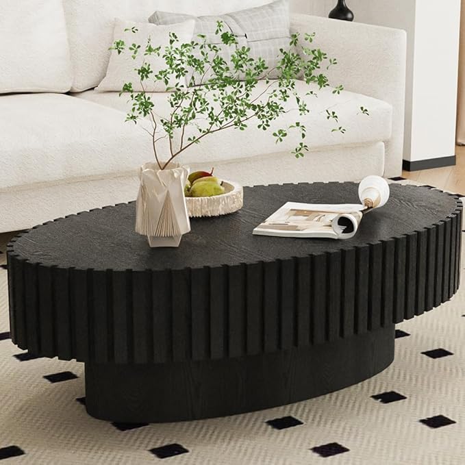 43.3” Oval Coffee Table Modern Fluted Coffee Table Handcrafted Relief Center Table with Sturdy Pedestal Mid Century Modern Center Table Tea Table for Living Room Apartment (Black)