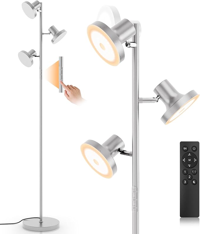 36W LED Tree Floor Lamp, Modern Dimmable Standing Lamp with Remote & Touch Control, 4 Color Temperatures, 3 Rotatable LED Light Floor Lamps for Living Room, Bedroom, Office