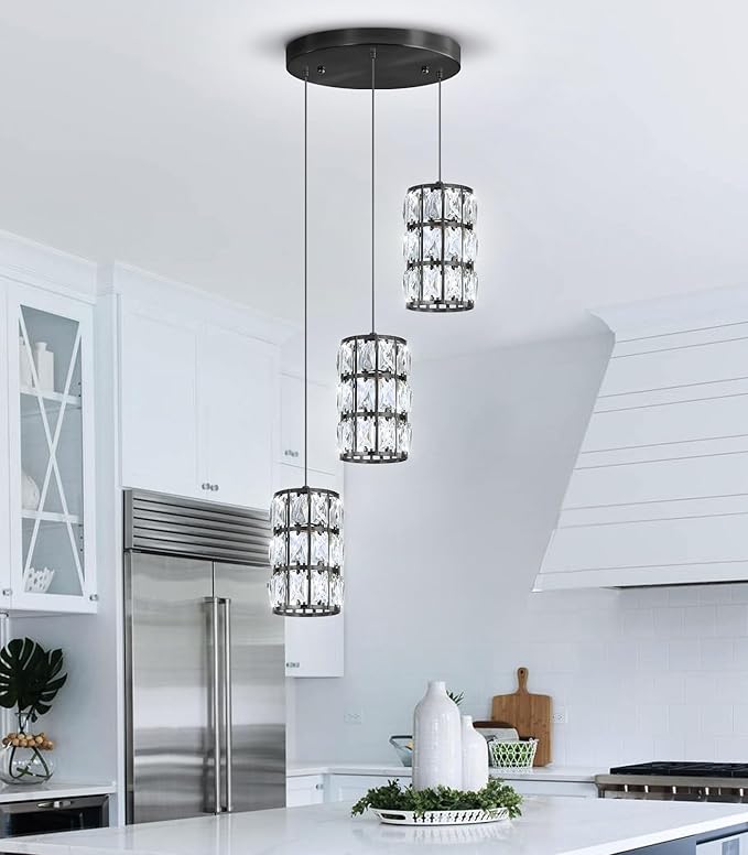 3-Lights Modern Crystal Pendant Lights for Kitchen Island LED Dimmable Glam Pendant Lighting Chandelier for Dining Room Hallway Corner Lamp Black