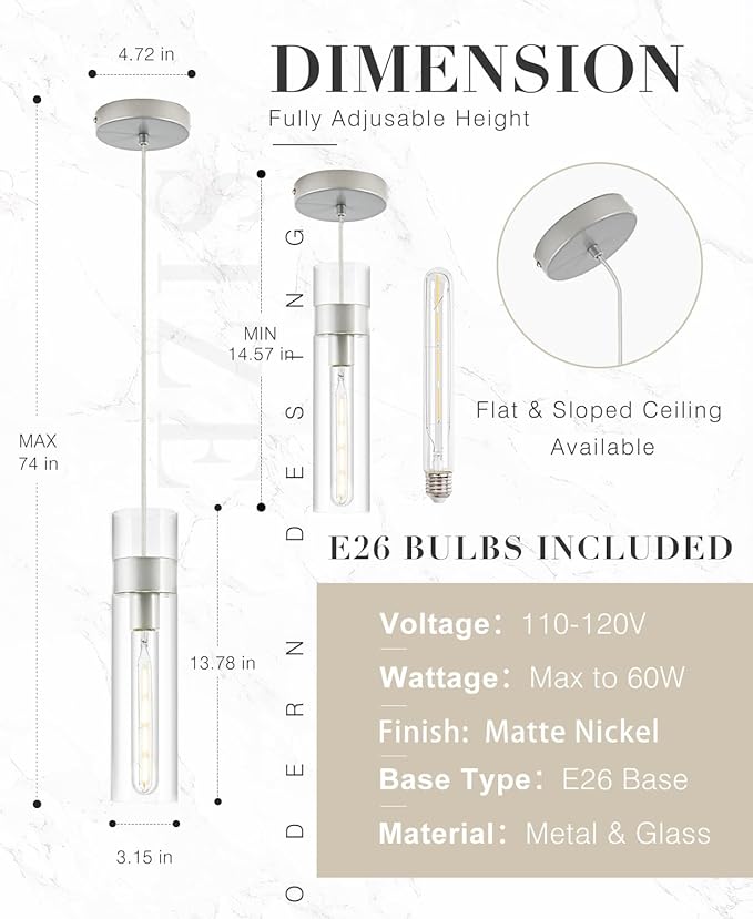 2 Pack Pendant Lights Kitchen Island (Bulbs Included), Brushed Nickel Adjustable Modern Glass Pendant Light Over Island, Industrial Pendant Light Fixtures for Dining Room Hallway Bedroom Living Room