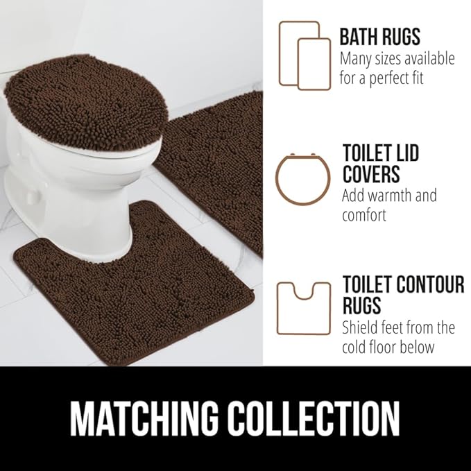 GORILLA GRIP Plush Absorbent Shaggy Chenille Bath Rug Mat for Square Toilet Base with Rubber Backing, Machine Washable Rugs, Soft Microfiber Contour Mats for Toilets, Bathroom Decor, Brown