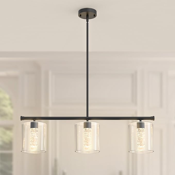 DORESshop 3-Light Chandelier for Dining Room Light Fixture Over Table, 31.3" Modern Black Chandelier with Glass Shades, Adjustable Hanging Pendant Lights Kitchen Island with Remote, 3CCT