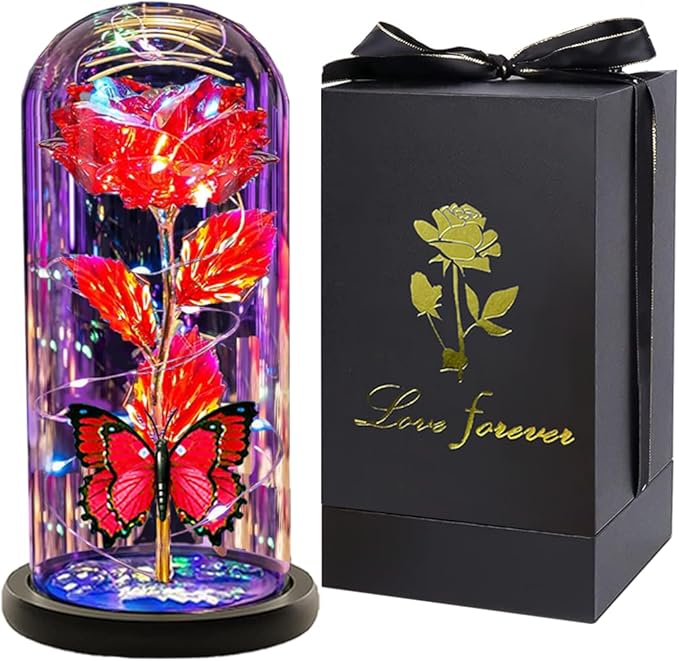 Christmas Flowers Gifts for her Women Mom Wife,Womens Gifts for Christmas, Rose Flowers Gift Light Up Rose in Glass Dome,Birthday Gifts for Woman（Red）