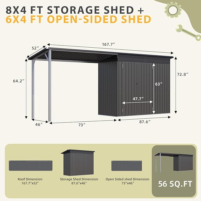 AECOJOY Outdoor Open-Sided Storage Shed Metal Shed, 8x4 Sheds & Outdoor Storage with 56 Sq. Ft Covered, 4'x8' 2-in-1 Tool Shed with Attached Hardtop Metal 6‘x4’ Gazebo