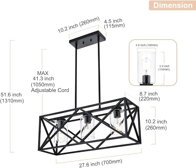 3-Lights Black Kitchen Island Pendant Lighting, Contemporary Dining Room Chandelier with Clear Glass Shades for Overtable Living Room