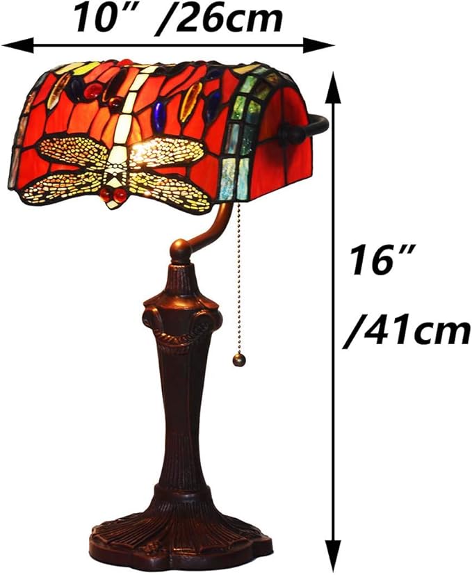 Bieye L10057 Dragonfly Tiffany Style Stained Glass Bankers Desk Lamp Table Lamp for Reading Working Home Decoration, 10" W x 16" H (Red)