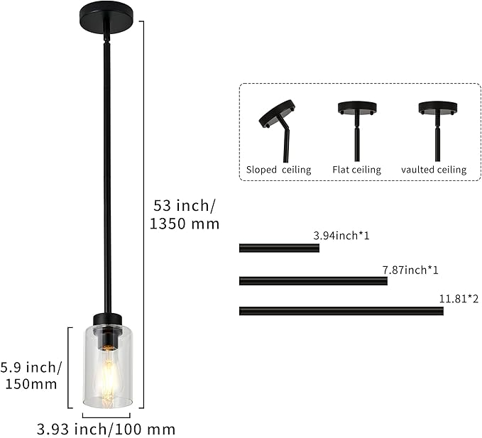 2 Pack Modern Black Farmhouse Clear Glass Cylinder,Black Pendant Lights Kitchen Island for Kitchen Light Fixtures