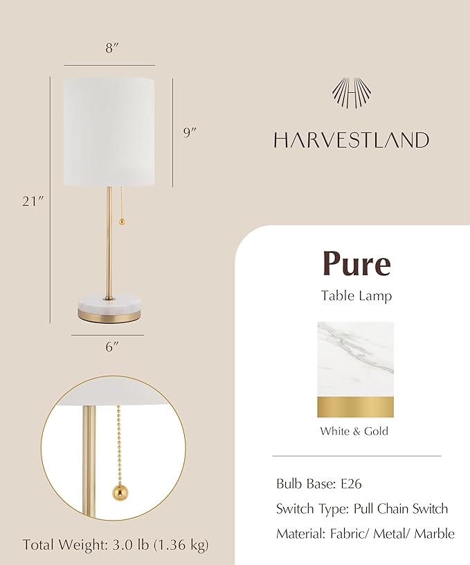 HarvestLand Pure 21” Table Lamps for Living Room and Bedroom – Farmhouse End Table Lamps for Nightstands or Sofa Side – Bedside Lamps, Decorative lamp, Living Room Lamps for end Tables