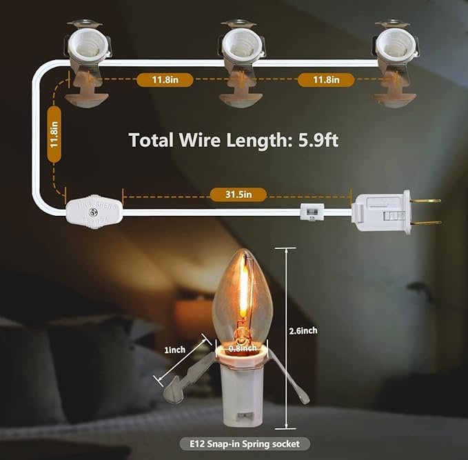 KGC LED Accessory Cord with 3 LED Night Light Bulbs, White Cord with On/Off Switch Plugs - C7 led Bulb Warm White with Spare Fuse for Holiday Decoration and Craft Village House Decoration 1 Pack