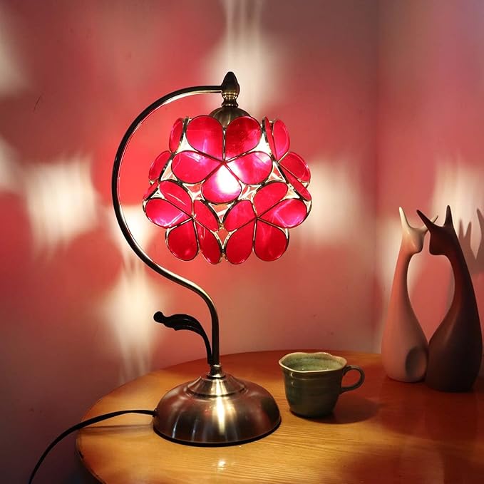 Bieye L10874 Tiffany Style Stained Glass Flower Petal Table Lamp with Brass Base for Home Décor (Red, 8" Cherry Blossom)