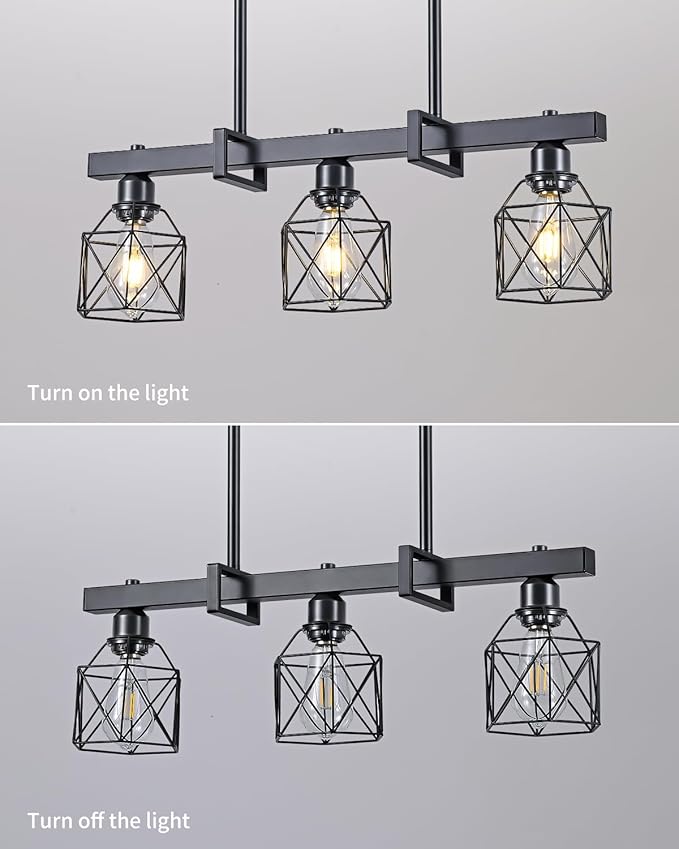 3-Light Farmhouse Kitchen Island Lighting Black Hardware and Black Metal cage Frame Design Rustic Vintage Pendant Ceiling Light Suitable for Dining Rooms and Living Rooms