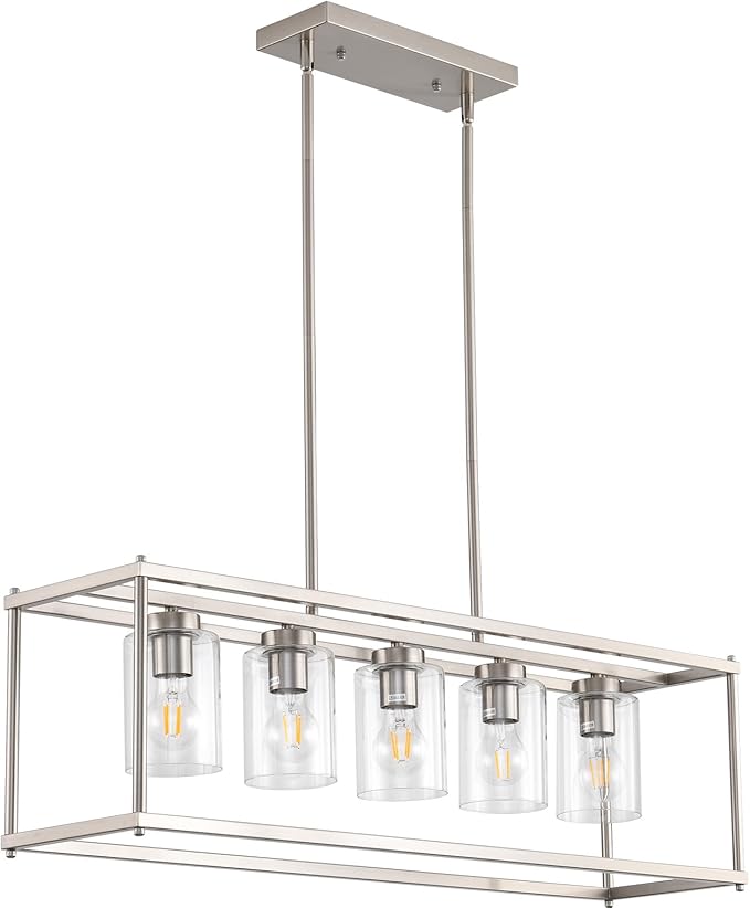 Farmhouse Chandeliers for Kitchen Island, Modern 5-Light Rectangle Chandelier, Brushed Nickel Linear Pendant Lighting Fixture with Clear Glass Shade, L35.4 Inch