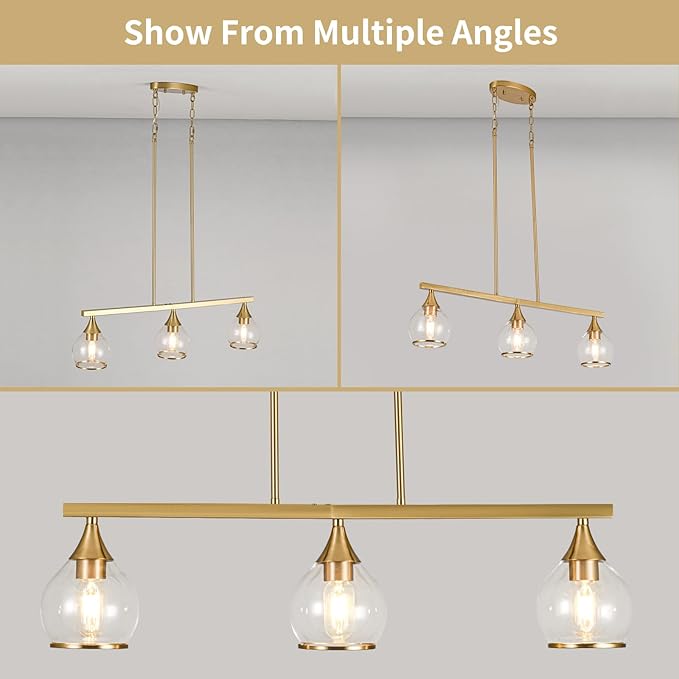 Island Light for Kitchen, 3-Light Gold Kitchen Island Linear Hanging Pendant Chandeliers, Brushed Gold Dining Room Light Fixture Over Table with Clear Round Glass Shades