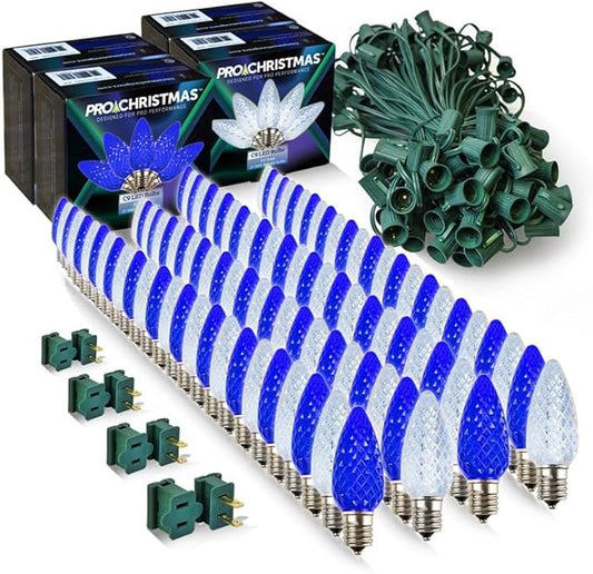 Pro Christmas C9 LED Christmas Light Kit for Rooflines & Pathways – DIY Cut to Length, Outdoor Commercial Grade (Green Wire w/Vampire Plugs, 100 Bulbs, 100 ft) Pure White and Blue