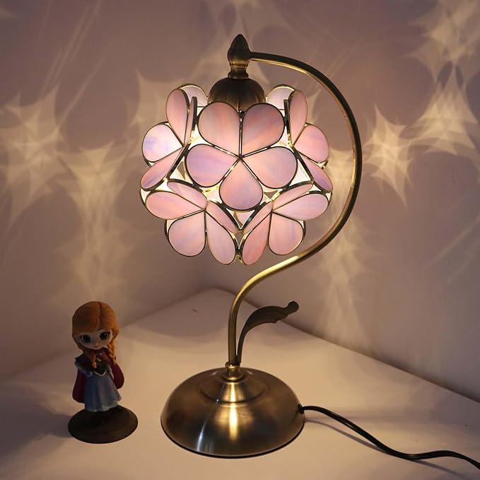 Bieye L11054 Tiffany Style Stained Glass Flower Petal Table Lamp with Brass Base for Home Décor (Purple, 8" Cherry Blossom)