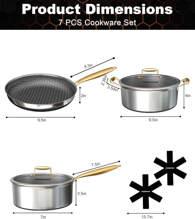 FogDream 5pcs Stainless Steel Cookware, Tri Ply Pots And Pans Set, Non Stick Frying Pans, Soup Pot & Sauce Pan With Tempered Glass Lids, Cool Handles, Dishwasher Safe, Induction Compatible, Gold