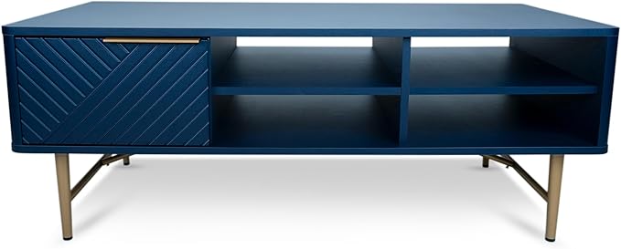 Modern Coffee Table with Storage - Dark Blue Matte Finish with Gold-Tipped Legs, Square Coffee Table for Living Room and Farmhouse with Storage Compartment and Adjustable Shelves