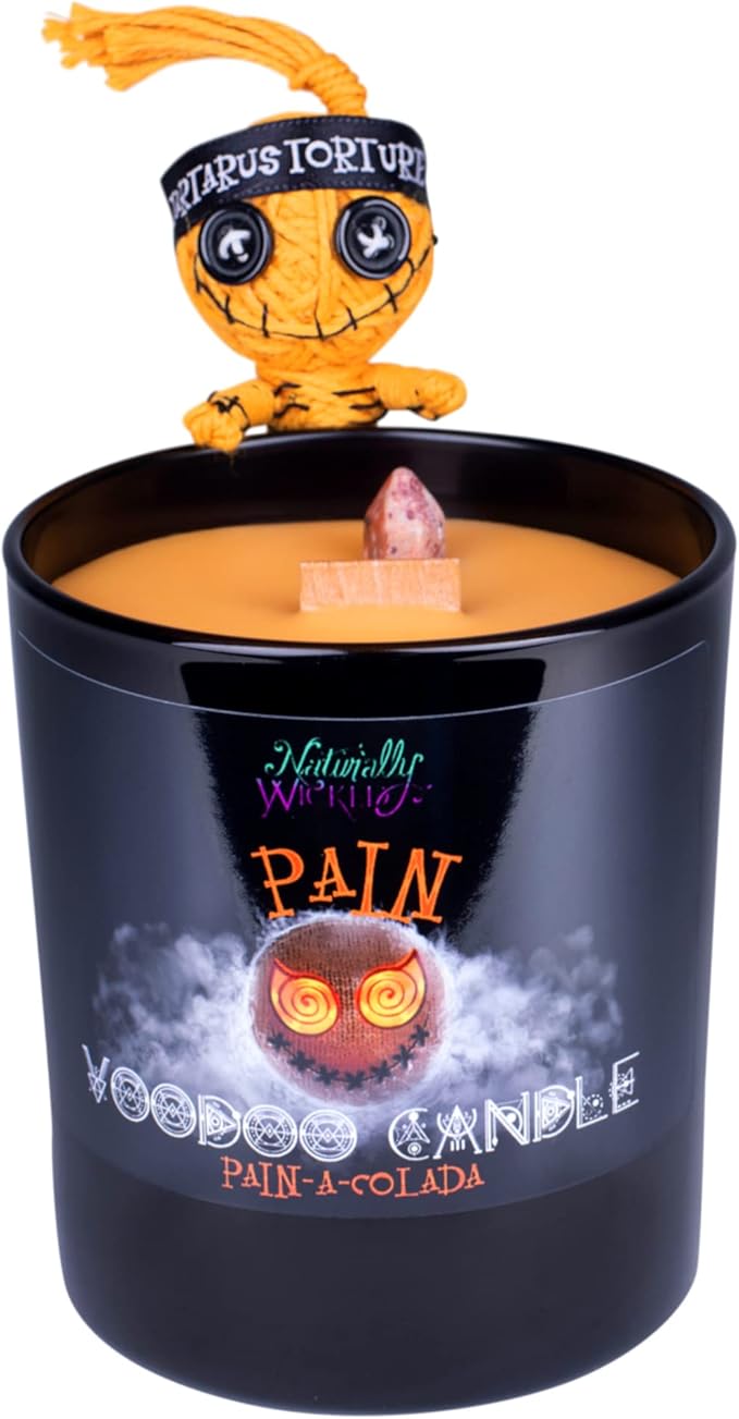 Naturally Wicked Voodoo Pain Candle Set - Inc. Voodoo Doll, Crystal, Wood Wick, Pain-A-Colada Scent & Gift Box