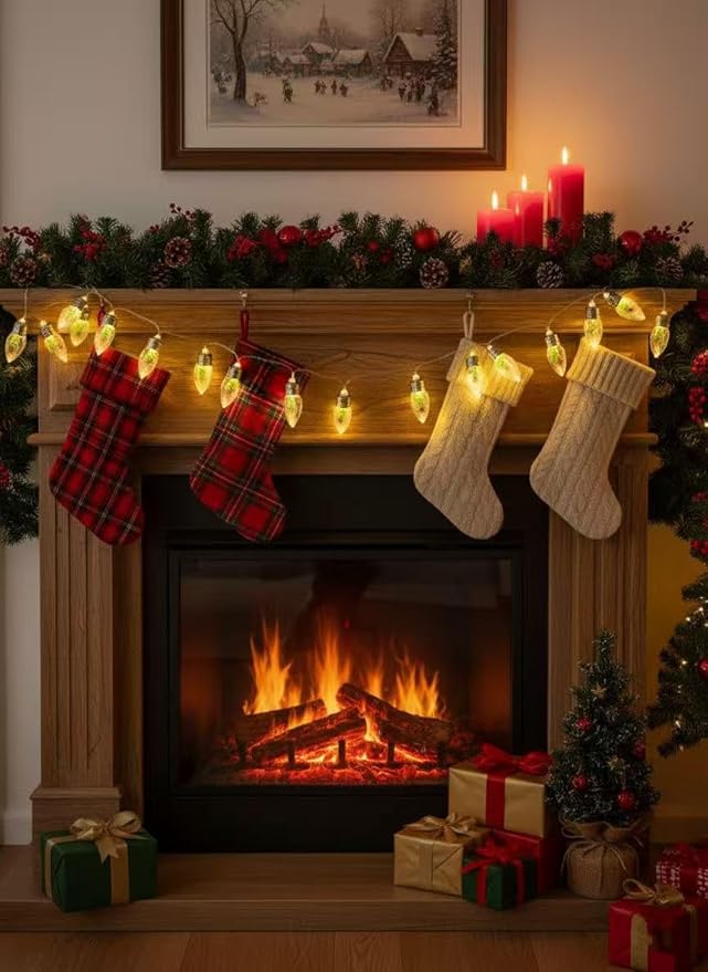 6.6FT Vintage Christmas Decoration String Lights with Tree & Red Berry & Snow Decor - 10 Warm White LED Bulbs, Battery Powered Christmas Tree Lights Decor Indoor(Batteries Not Included)