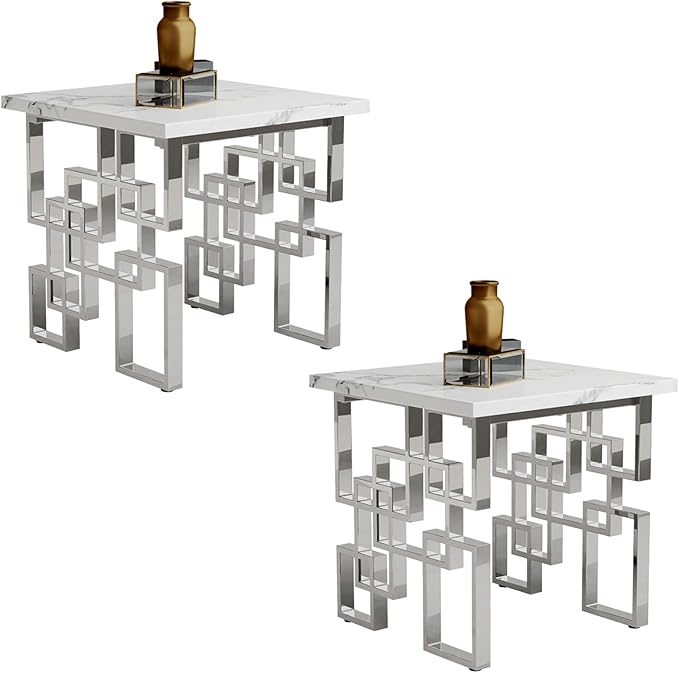 AUZ Silver End Table Set of 2, Luxury White Faux Marble Living Room Side Table with Mirrored Silver Metal Geometric Base