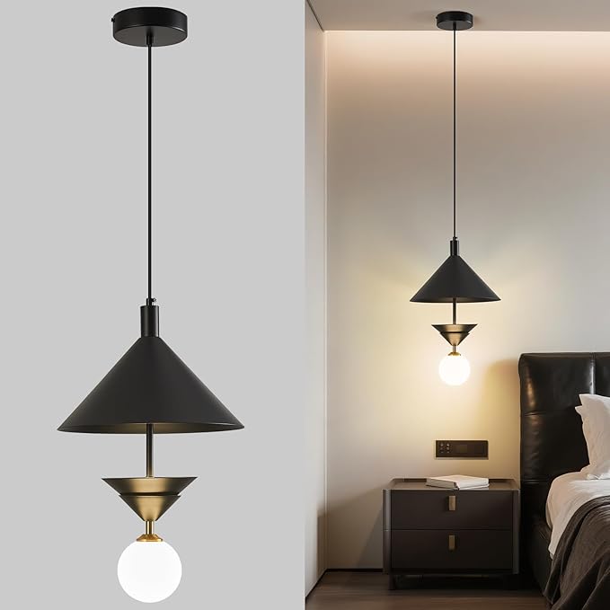 Modern Black Metal Pendant Light,Minimalist Globe Hanging Light with Milky White Globe Glass Shade Chandeliers for Kitchen Island Bedroom Dining Room Living Room Bar