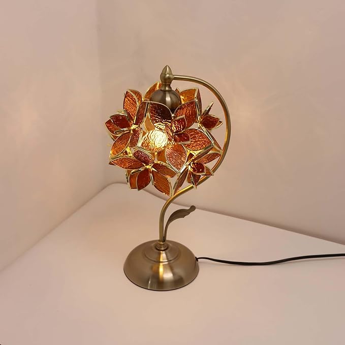 Bieye L11008 Tiffany Style Stained Glass Flower Petal Table Lamp with Brass Base for Home Décor (Amber, 8" Rose Lily)