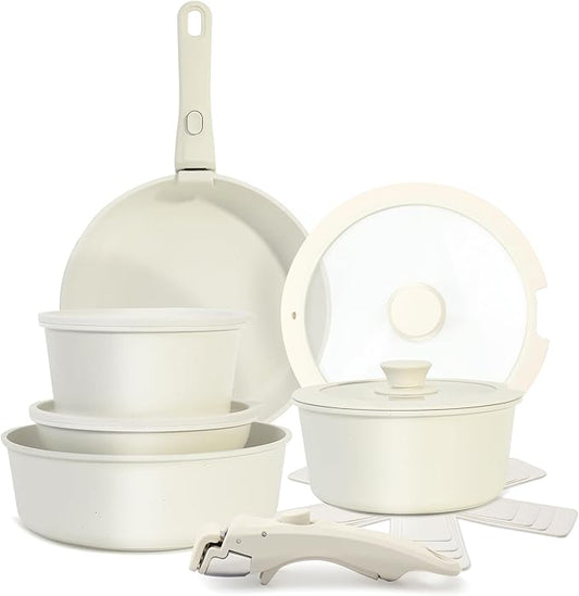15-Piece Ceramic Nonstick Pots and Pans Set – Kitchen Cookware with Detachable Handle, RV Camping Cookware Set – Oven & Dishwasher Safe, PFOA-Free – Cream White