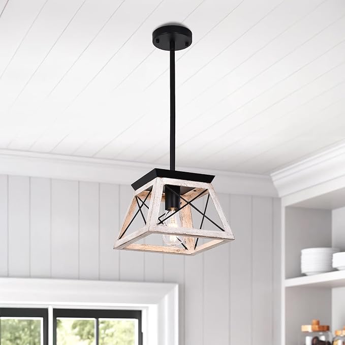 Luupyia Farmhouse Pendant Light Fixture, Height Adjustable, White Small Rustic Pendant Lighting, Farmhouse Island Lighting Fixtures Hanging for Entryway Kitchen Hallway