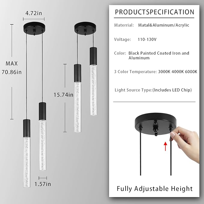 Modern Black Pendant Light Fixture 2-Light, 3-Color LED Pendant Lighting Acrylic Cord Adjustable Ceiling Hanging Lights for Kitchen Island Living Room Bedroom Dining Room