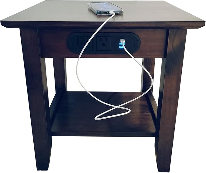 KAWIND Home Solid Wood End Table with Charging Station Compact Side Table with 2 USB Ports & 2 AC Outlets Dark Walnut Ideal for Living Rooms & Bedroom Light Assembly