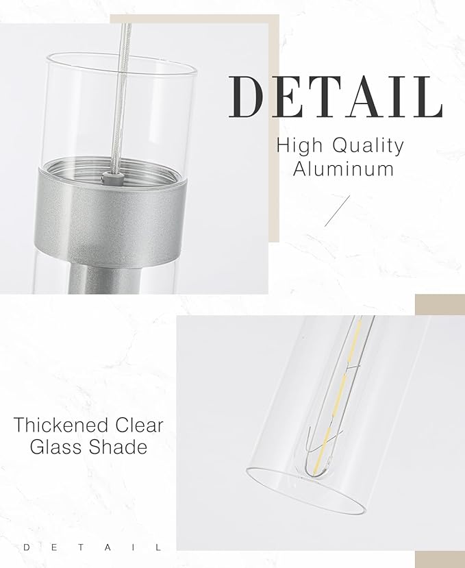 3 Pack Pendant Lights Kitchen Island (Bulbs Included), Brushed Nickel Adjustable Modern Glass Pendant Light Over Island, Industrial Pendant Light Fixtures for Dining Room Hallway Bedroom Living Room