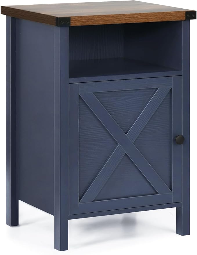 Catrimown Farmhouse Nightstand with Barn Door and Shelf, Side Table, Rustic End Table for Bedroom, Living Room, Navy Blue