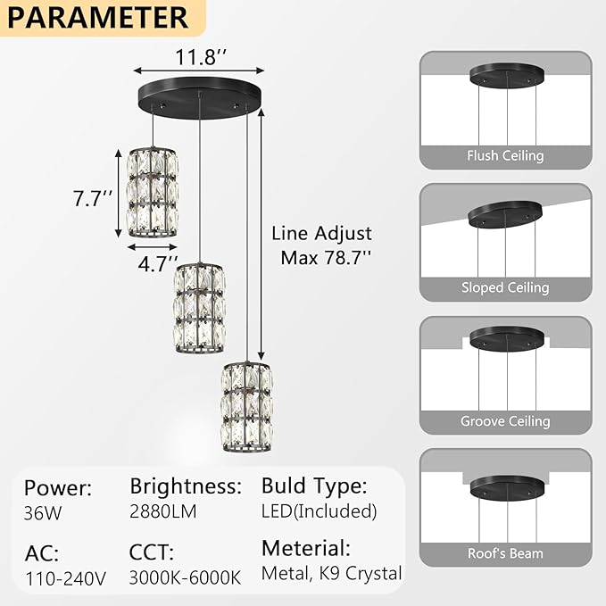 3-Lights Modern Crystal Pendant Lights for Kitchen Island LED Dimmable Glam Pendant Lighting Chandelier for Dining Room Hallway Corner Lamp Black