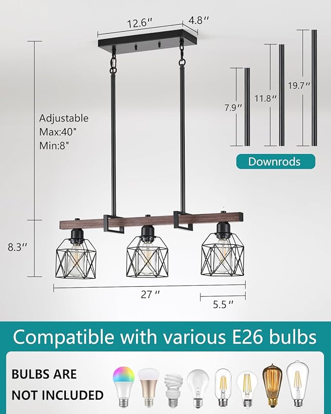 Industrial Pendant Light Fixture, 3-Light Kitchen Island Lighting with Wood Grain Bar and Black Metal Cage, Farmhouse Rustic Hanging Ceiling Lamp for Dining Room, Living Room