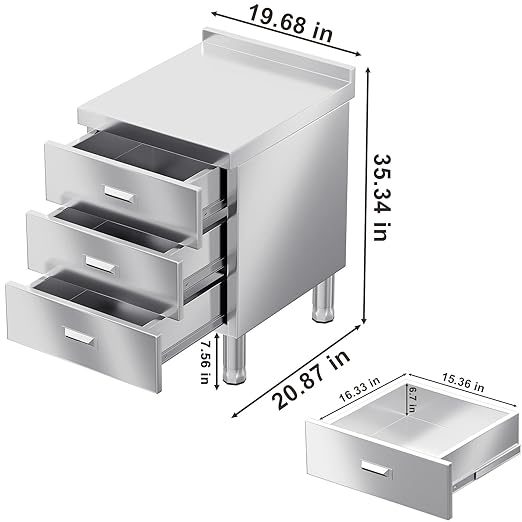 WWK Outdoor Kitchen Drawer, Stainless Steel Kitchen Cabinet with Drawers, Triple Access BBQ Drawers for Outdoor, Commercial Restaurant, Garage, 20.87" D x 19.68" W x 35.43" H
