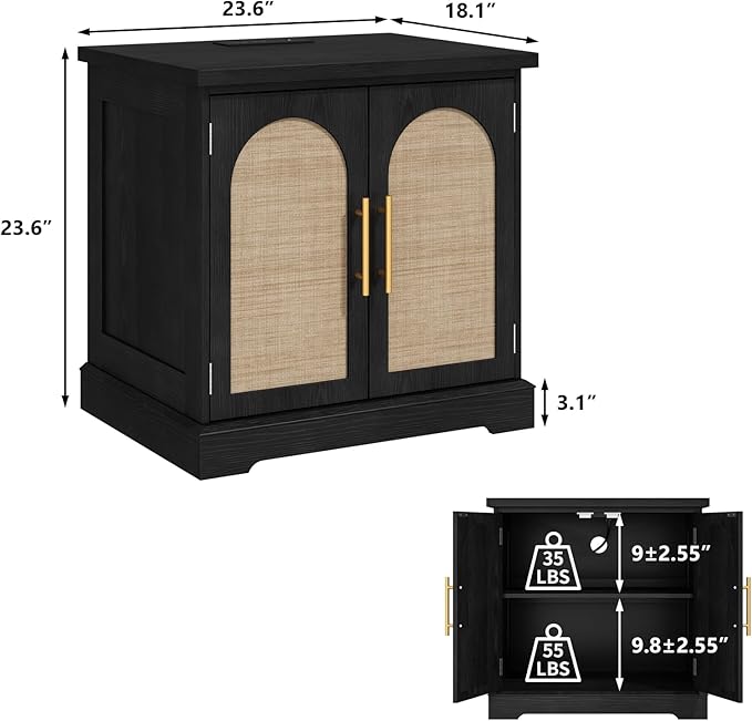 Rattan End Table with Charging Station, 24" Large Sofa Side Table with 2 Arched Doors, Boho Wood Square Nightstand Bedside Tables with Adjustable Storage Shelf for Living Room, Bedroom