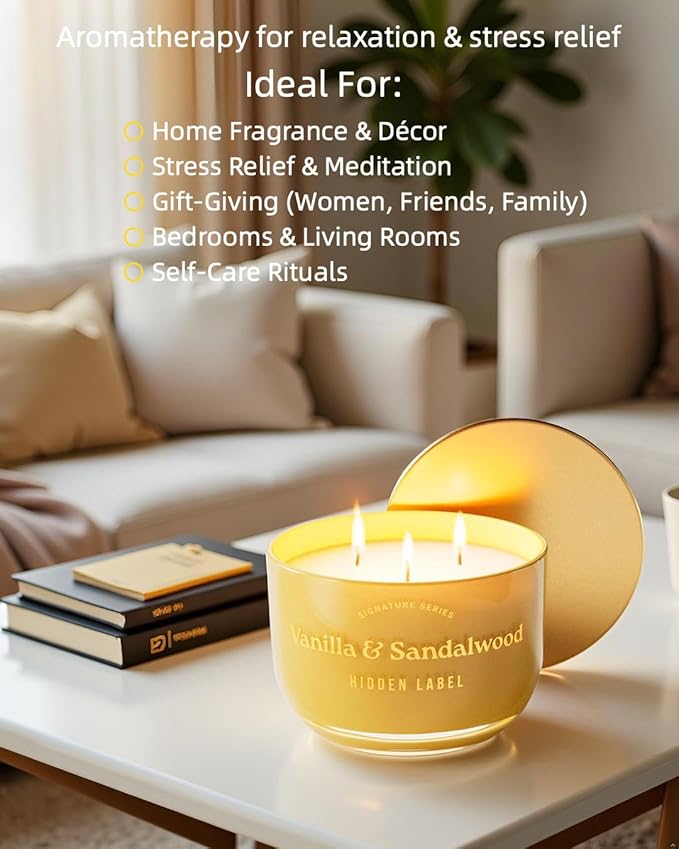 Natural Candles Non Toxic | Vanilla & Sandalwood Scented, 3 Wick Large Aromatherapy Candles for Home, 18 oz | 70 Hours Burn Time,Luxury Home Décor | Women Gift
