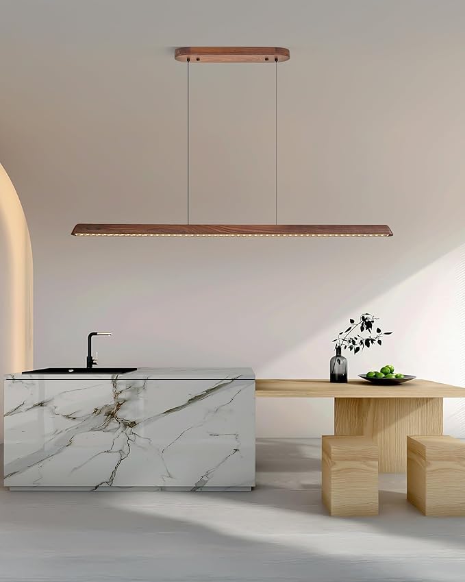 57" Wood Linear Pendant Light, Dimmable Kitchen Island Lighting with Remote, 30W LED Island Lights for Kitchen, Adjustable Linear Chandelier for Dinning Room Light Fixture, Bar, Pool Table Light